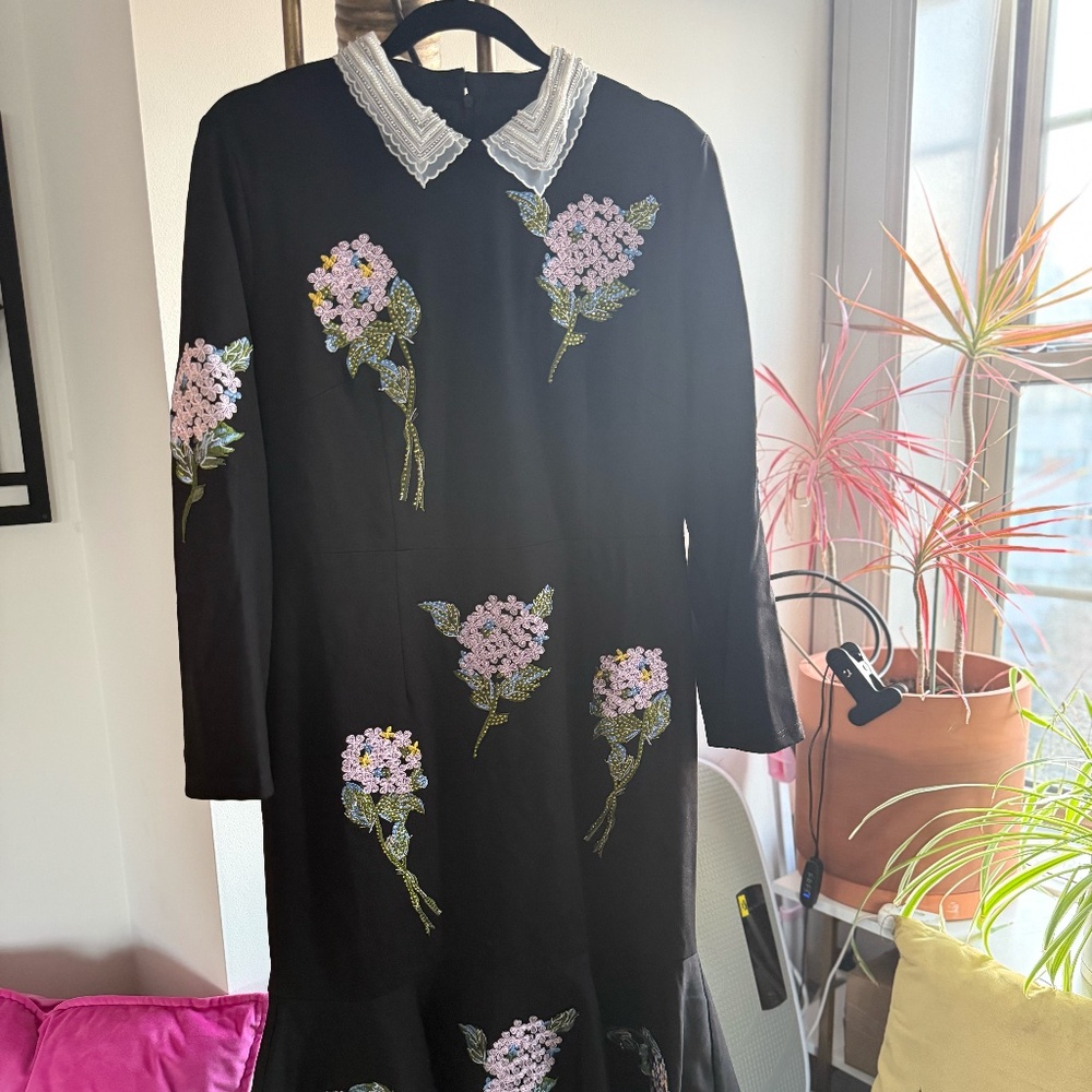 Black Floral Appliqué Midi Dress - Peplum Bottom